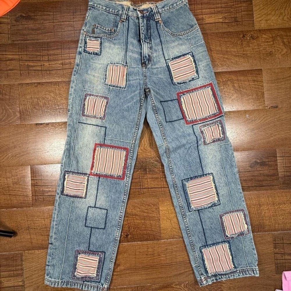 Pepe Jeans Patchwork Denim Women 18 Light Blue Striped Patches High Rise 90s Y2K